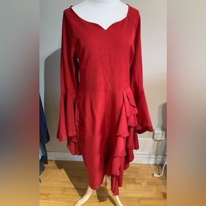 Red bell-sleeve midi dress
